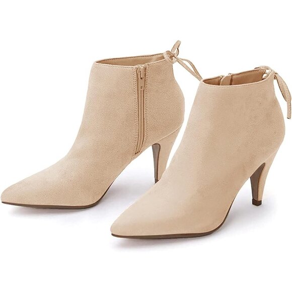 Women's Pointed Toe Heel Ankle Booties Kitten Stiletto Bowtie Strappy Boot Beige - Picture 1 of 6